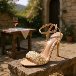 Journee Collection Tan Beige Microsuede Pearl Heel Sandals SZ 9.5 M